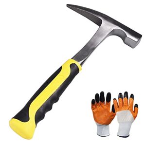 12 inches rock pick hammer with skid handle, all steel drop forged masonry hammer with chrome plating, geologist hammer with pointed tip and shock reduction grip for mining+ a pair of gloves