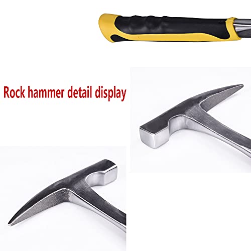 12 Inches Rock Pick Hammer with Skid Handle, All Steel Drop Forged Masonry Hammer with Chrome Plating, Geologist Hammer with Pointed Tip and Shock Reduction Grip for Mining+ A pair of gloves