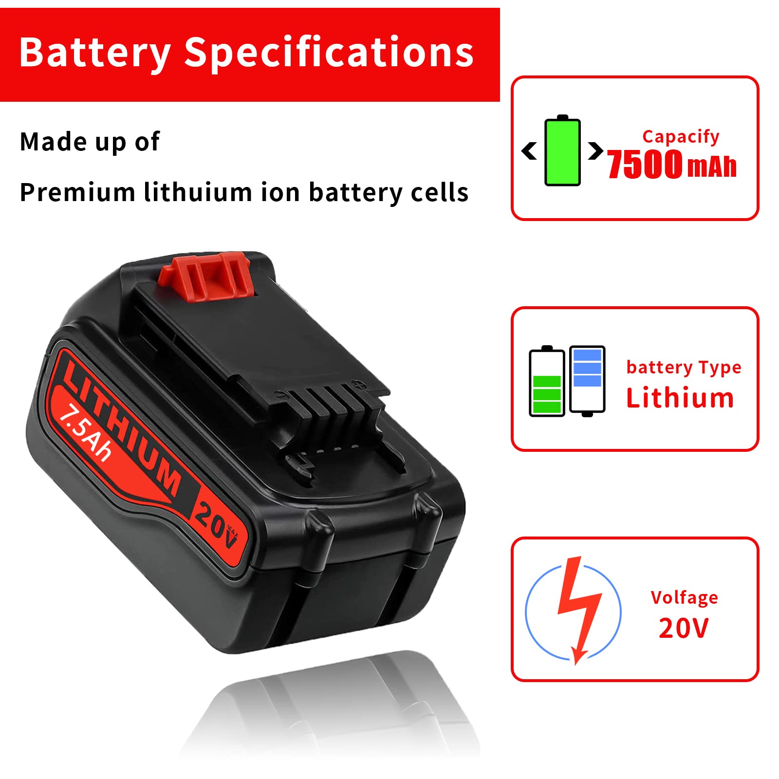 BATTOOL Upgraded 7500mAh 20V LBXR20 Replacement Battery for Black and Decker 20V Lithium Battery LB20 LBX20 LBXR2020-OPE LBXR20B-2 LBX4020