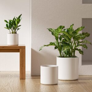 LE TAUCI Ceramic Plant Pots Indoor, 10 Inch 8 Inch 6 Inch Planters for Indoor Plants, Mid-Century Modern Flower Pots with Drainage Hole and Plug, Cylinder Round Planter Pots, Set of 3, White