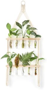 mkono wall hanging glass planter with macrame hanger, boho 2 tier propagation tube vase plant terrarium with wooden stand for propagating hydroponic plants, home office room decor women gift idea