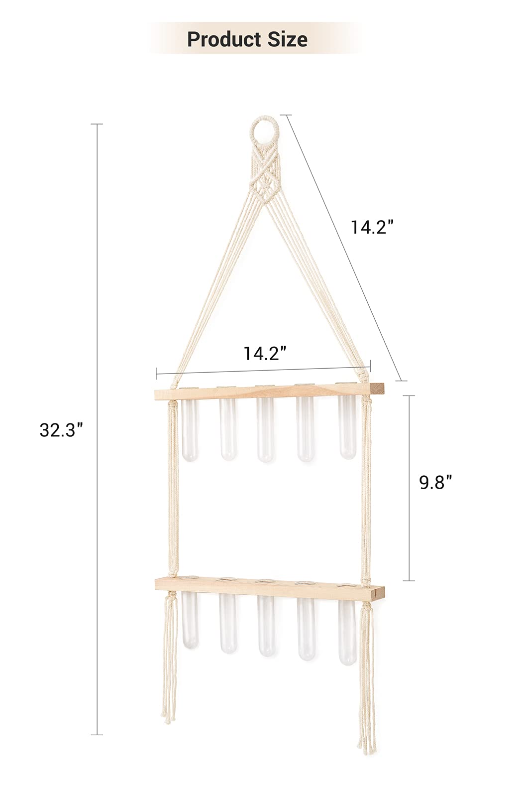 Mkono Wall Hanging Glass Planter with Macrame Hanger, Boho 2 Tier Propagation Tube Vase Plant Terrarium with Wooden Stand for Propagating Hydroponic Plants, Home Office Room Decor Women Gift Idea