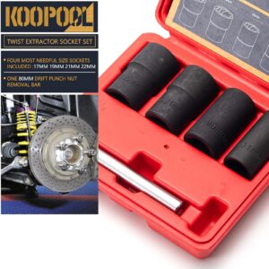 Twist Socket Set 5 Pcs Lug Nut Remover, Bolt Nut Extractor Set, Metric 17-22mm Wheel Lock Removal Kit with Drift Punch Nut Removal Bar