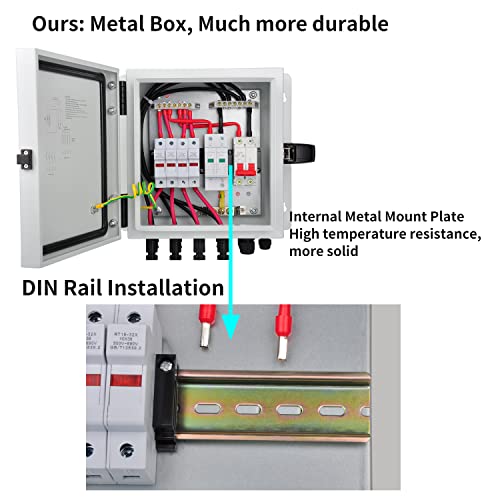 PowGrow PV Combiner Box, 4 String Metal Solar Combiner Box with 15A Rated Current Fuse, Surge Protective Device and 50A Air Circuit Breaker for On/Off Grid Solar Panel System, Pre-Wired Cable