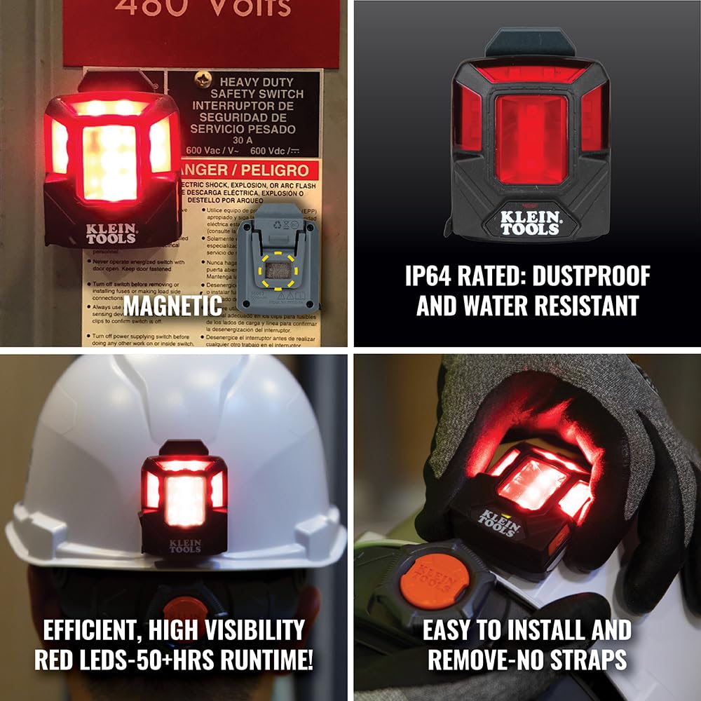 Klein Tools 56063 Rechargeable Safety Light with Magnet, Red, Mounts to Klein Hard Hats and Safety Helmets