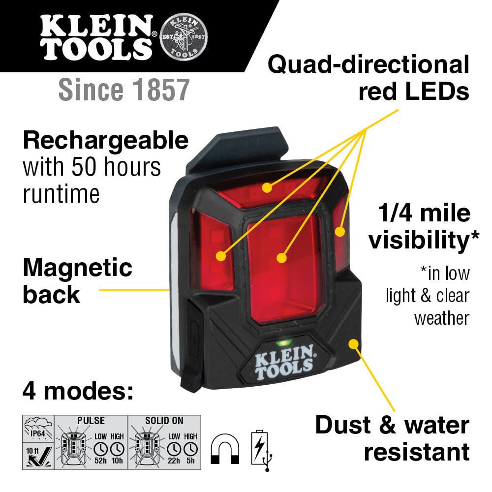 Klein Tools 56063 Rechargeable Safety Light with Magnet, Red, Mounts to Klein Hard Hats and Safety Helmets