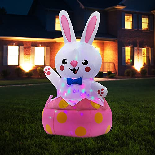 VIVOHOME 4ft Height Inflatable Easter Bunny Friendly Rabbit with Bow Tie Waving Inside Eggshell Built-in Colorful LED Lights Blow up Outdoor Lawn Yard Decoration