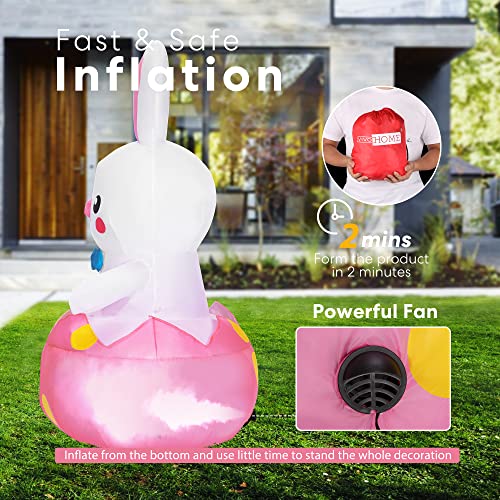 VIVOHOME 4ft Height Inflatable Easter Bunny Friendly Rabbit with Bow Tie Waving Inside Eggshell Built-in Colorful LED Lights Blow up Outdoor Lawn Yard Decoration