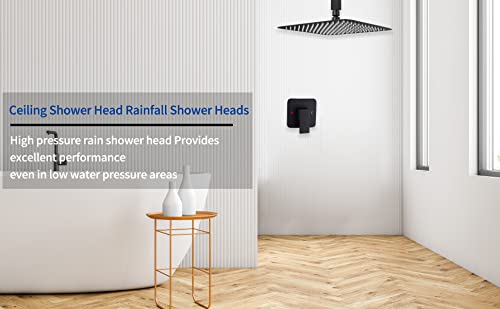 Black Ceiling Shower System Shower Faucet GGStudy Bathroom Luxury Rain Mixer Shower Combo Set Rainfall Shower Head System 10 Inch Matte Black with Valve and Trim