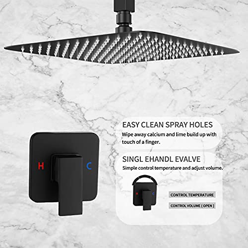 Black Ceiling Shower System Shower Faucet GGStudy Bathroom Luxury Rain Mixer Shower Combo Set Rainfall Shower Head System 10 Inch Matte Black with Valve and Trim