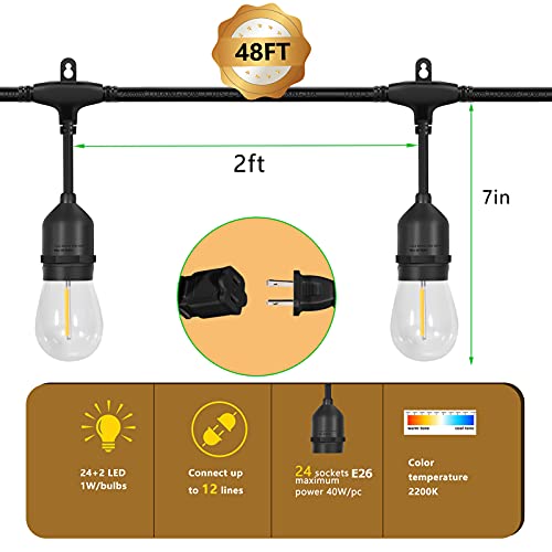 EIKOSON 𝟒𝟖𝑭𝑻 LED Outdoor String Lights with 𝟮𝟰 Weatherproof Shatterproof Edison 𝑳𝑬𝑫 𝑩𝒖𝒍𝒃𝒔(2 𝑺𝒑𝒂𝒓𝒆)，Commercial Grade Waterproof Hanging Lights for Backyard Porch Balcony Party