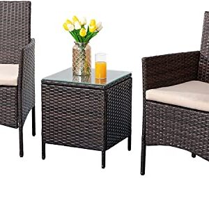 Shintenchi 3 Pieces Outdoor Patio Furniture Set Patio Porch Conversation Sets PE Rattan Wicker Chairs with Table Outdoor Garden Furniture Sets, Brown