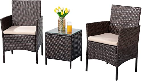 Shintenchi 3 Pieces Outdoor Patio Furniture Set Patio Porch Conversation Sets PE Rattan Wicker Chairs with Table Outdoor Garden Furniture Sets, Brown