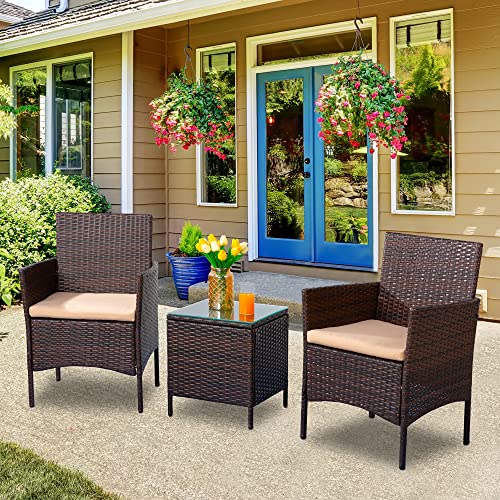 Shintenchi 3 Pieces Outdoor Patio Furniture Set Patio Porch Conversation Sets PE Rattan Wicker Chairs with Table Outdoor Garden Furniture Sets, Brown