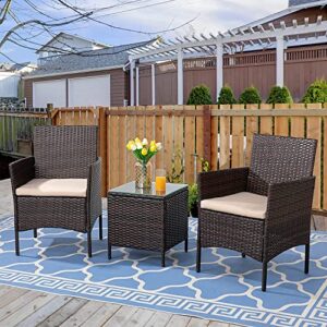 Shintenchi 3 Pieces Outdoor Patio Furniture Set Patio Porch Conversation Sets PE Rattan Wicker Chairs with Table Outdoor Garden Furniture Sets, Brown