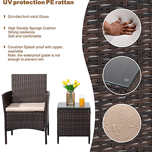 Shintenchi 3 Pieces Outdoor Patio Furniture Set Patio Porch Conversation Sets PE Rattan Wicker Chairs with Table Outdoor Garden Furniture Sets, Brown