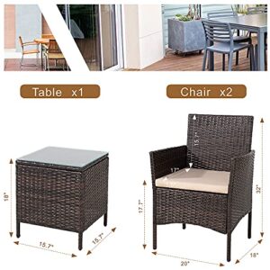 Shintenchi 3 Pieces Outdoor Patio Furniture Set Patio Porch Conversation Sets PE Rattan Wicker Chairs with Table Outdoor Garden Furniture Sets, Brown