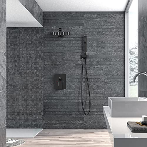 Brightify Shower Faucet Set, 10" Black Rain Shower Head Ceiling Mount with Handheld Spray, High Pressure Bathroom Mixer Shower Set Wall Mounted Shower System Rough-in Valve and Trim Kit