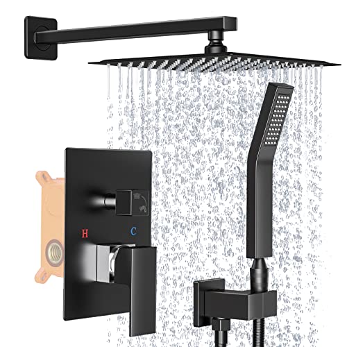 Brightify Shower Faucet Set, 10" Black Rain Shower Head Ceiling Mount with Handheld Spray, High Pressure Bathroom Mixer Shower Set Wall Mounted Shower System Rough-in Valve and Trim Kit