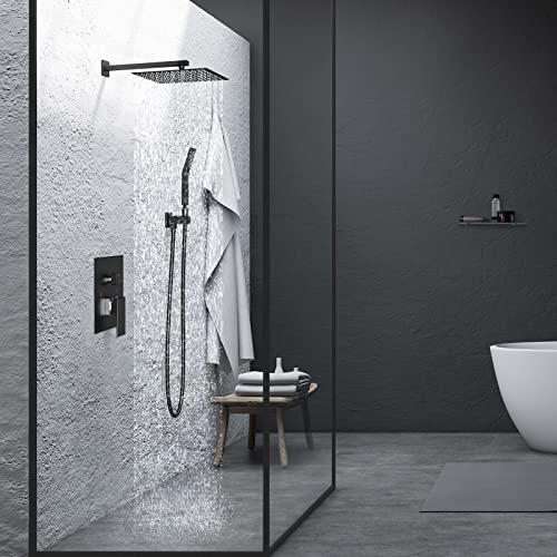 Brightify Shower Faucet Set, 10" Black Rain Shower Head Ceiling Mount with Handheld Spray, High Pressure Bathroom Mixer Shower Set Wall Mounted Shower System Rough-in Valve and Trim Kit