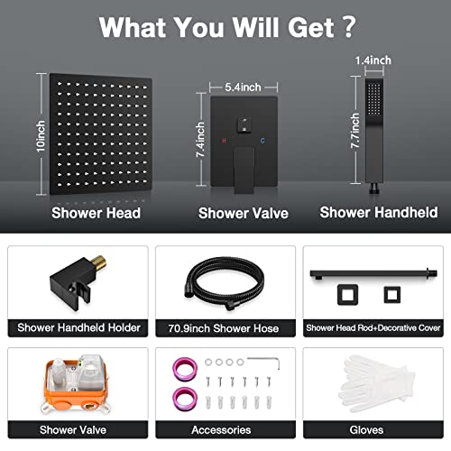 Brightify Shower Faucet Set, 10" Black Rain Shower Head Ceiling Mount with Handheld Spray, High Pressure Bathroom Mixer Shower Set Wall Mounted Shower System Rough-in Valve and Trim Kit