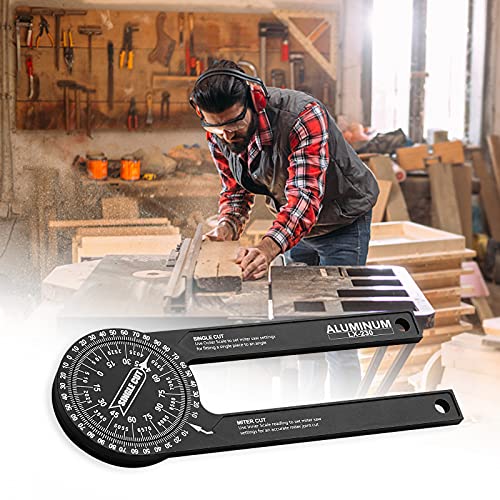 CRBKD Miter Saw Protractor, 7.28 Inch Aluminum Protractor Angle Finder with Laser-Engraved Scales 360 Degree Rotation Function, for Woodworking, Plumbers All Building Trades (Black), 18.5*6.5*1.1cm