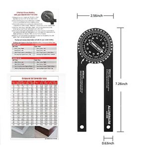 CRBKD Miter Saw Protractor, 7.28 Inch Aluminum Protractor Angle Finder with Laser-Engraved Scales 360 Degree Rotation Function, for Woodworking, Plumbers All Building Trades (Black), 18.5*6.5*1.1cm