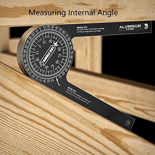 CRBKD Miter Saw Protractor, 7.28 Inch Aluminum Protractor Angle Finder with Laser-Engraved Scales 360 Degree Rotation Function, for Woodworking, Plumbers All Building Trades (Black), 18.5*6.5*1.1cm