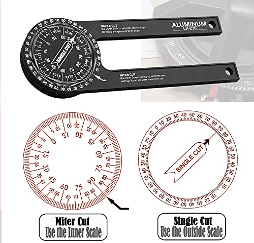 CRBKD Miter Saw Protractor, 7.28 Inch Aluminum Protractor Angle Finder with Laser-Engraved Scales 360 Degree Rotation Function, for Woodworking, Plumbers All Building Trades (Black), 18.5*6.5*1.1cm