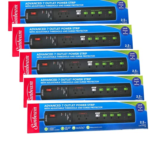 pot (Pack 5) Sunbeam Advance 7 Outlet Power Strip, 15A Power Strips with Surge Protection Cord, Power Outlet Extender with Adjustable Threshold