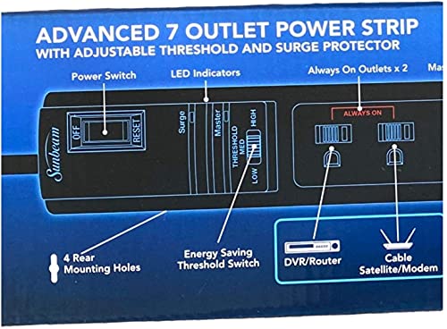 pot (Pack 5) Sunbeam Advance 7 Outlet Power Strip, 15A Power Strips with Surge Protection Cord, Power Outlet Extender with Adjustable Threshold