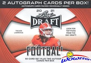 2021 leaf draft football factory sealed retail box with two(2) autographs & (50) rookie cards! look for rc & autos of trevor lawrence, justin fields, zach wilson, mac jones,trey lance & more! wowzzer!