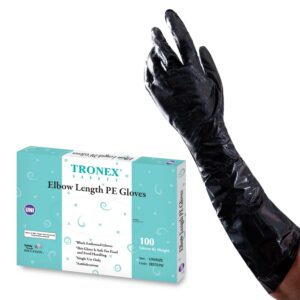 tronex 20" elbow length long polyethylene (pe) disposable gloves black extra long plastic gloves for cooking food safe (100, unisize)