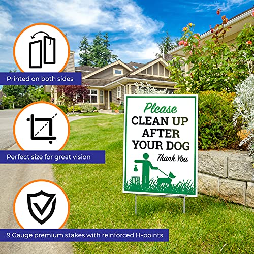 Sigo Signs - Please Clean Up After Your Dog Thank You Sign, (2 Pack) Double Sided 9x12 Inches, Corrugated Plastic with Metal H Stake, Made in USA