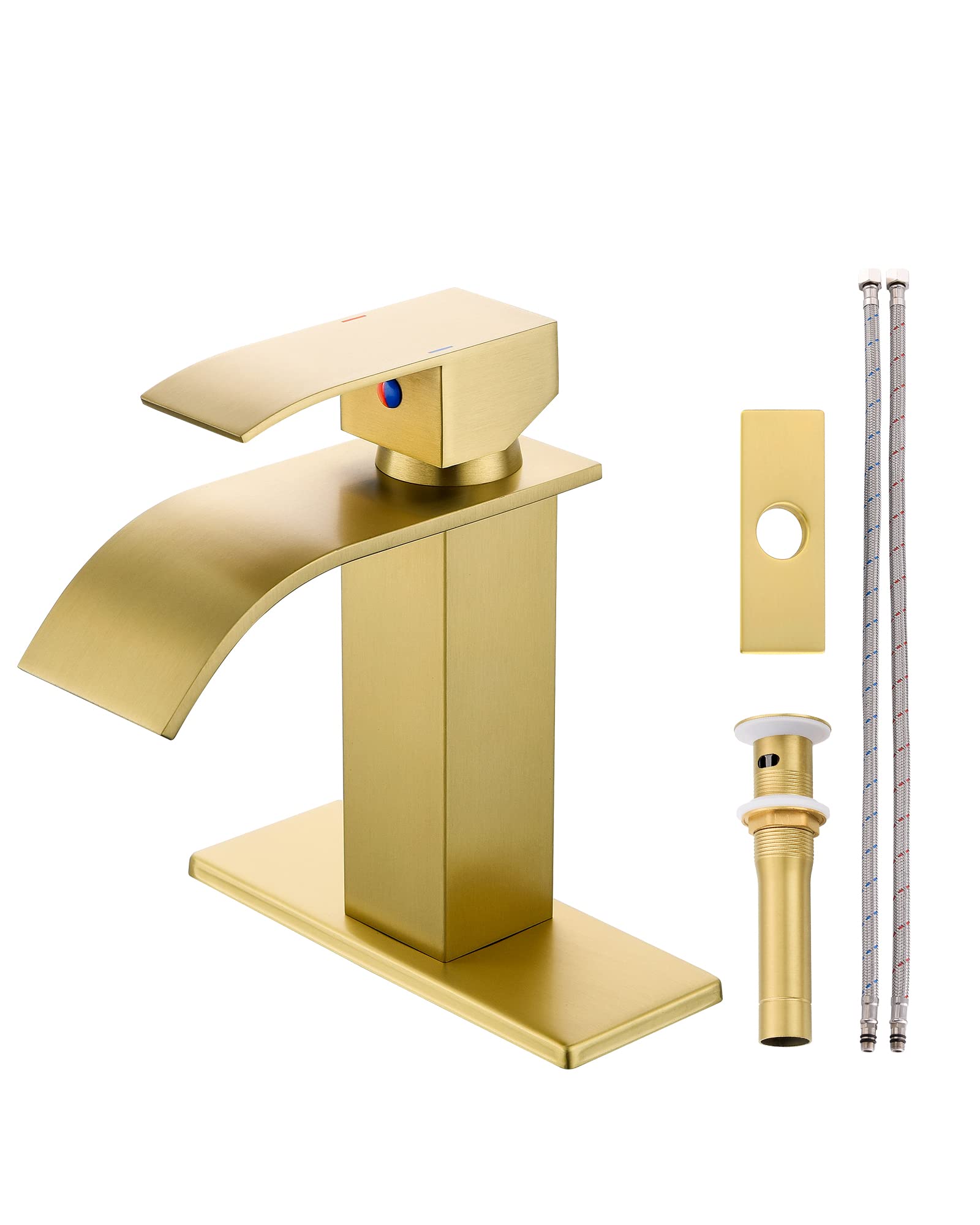 YardMonet Gold Bathroom Faucets, Modern Single Hole Bathroom Faucet Waterfall Spout Bathroom Faucet Brushed Gold Bathroom Sink Faucet with Drain Assembly and Lead-Free Hose