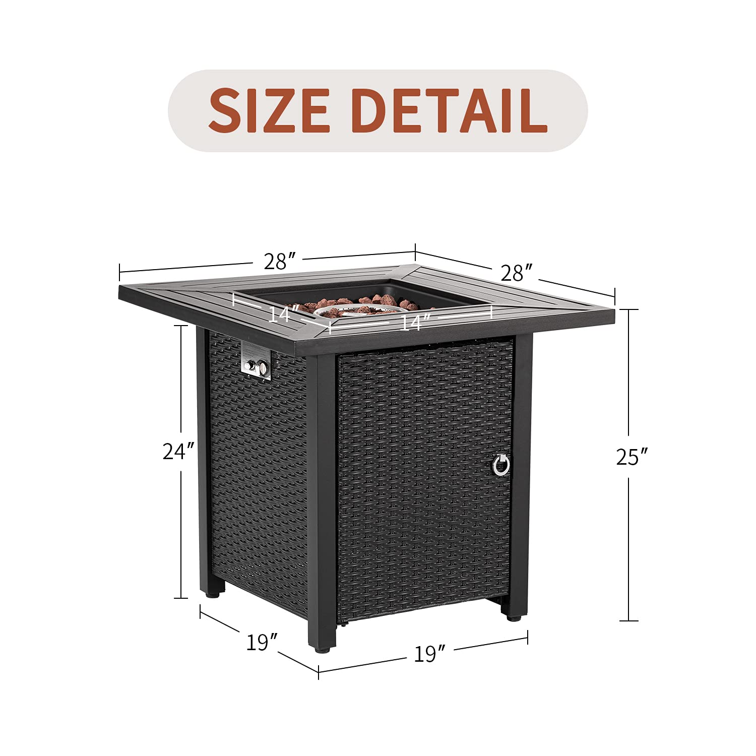 SUNBURY Outdoor Propane Fire Pit Table, 28 Inch Patio Gas Fire Table 40,000 BTU Auto-Ignition, Rattan-Look Outdoor Companion w Lid, Waterproof Cover, Lava Rocks (Black Brown)