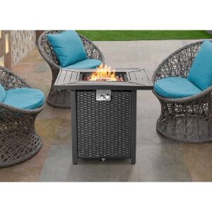 SUNBURY Outdoor Propane Fire Pit Table, 28 Inch Patio Gas Fire Table 40,000 BTU Auto-Ignition, Rattan-Look Outdoor Companion w Lid, Waterproof Cover, Lava Rocks (Black Brown)