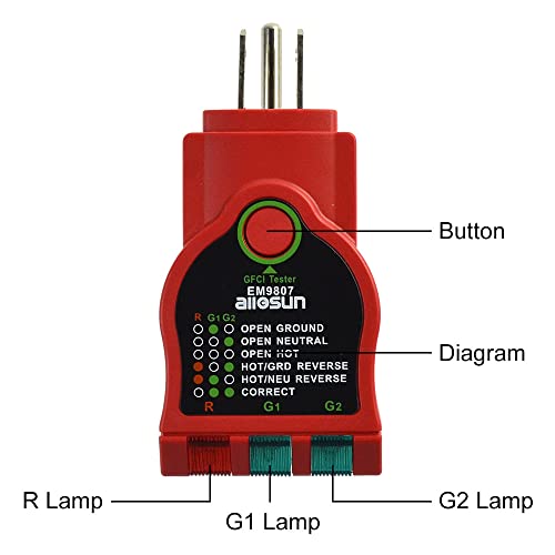 allsun GFCI Outlet Tester AC Electrical Outlet Receptacles Socket Tester 125V~60Hz Power Socket Electric Circuit Polarity Voltage Detector Circuit Analyzer Wall Plug Breaker Finder(EM9807)