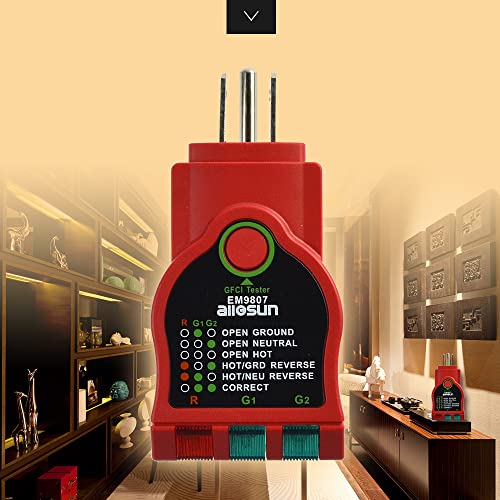 allsun GFCI Outlet Tester AC Electrical Outlet Receptacles Socket Tester 125V~60Hz Power Socket Electric Circuit Polarity Voltage Detector Circuit Analyzer Wall Plug Breaker Finder(EM9807)