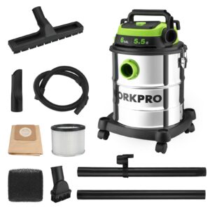 workpro 6 gallon wet/dry shop vacuum, 5.5 peak hp shop vac cleaner with hepa filter, hose and accessories for home/jobsite dust collection