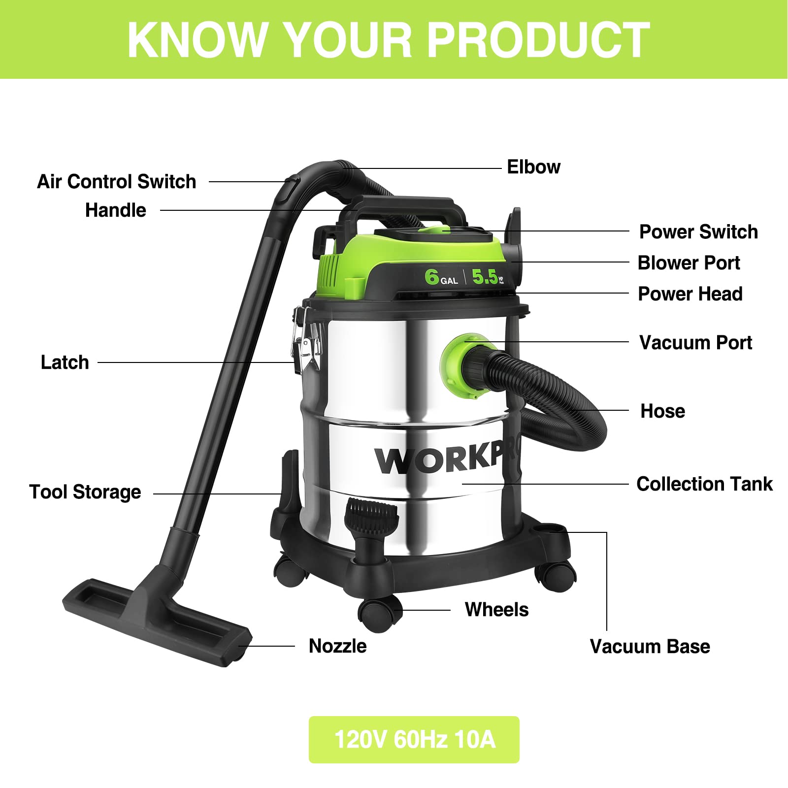WORKPRO 6 Gallon Wet/Dry Shop Vacuum, 5.5 Peak HP Shop Vac Cleaner with HEPA Filter, Hose and Accessories for Home/Jobsite Dust Collection