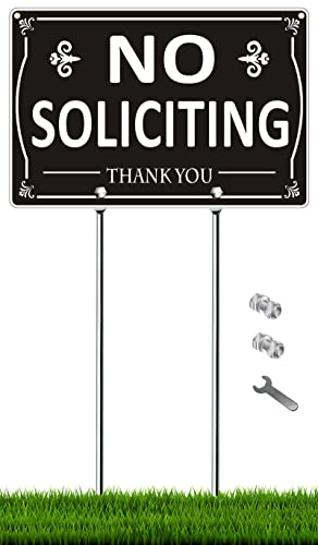 MongFun No Soliciting Sign with Stakes for Yard, 12" x 8" Rust Free Aluminum Sign with 16" Posts (Style A)