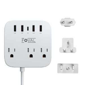 european travel plug adapter, foval eu uk us power strip with usb c and 4 usb ports, 3 ac outlets, wall mountable, 5ft extension cord, compact for travel, cruise ship, home office