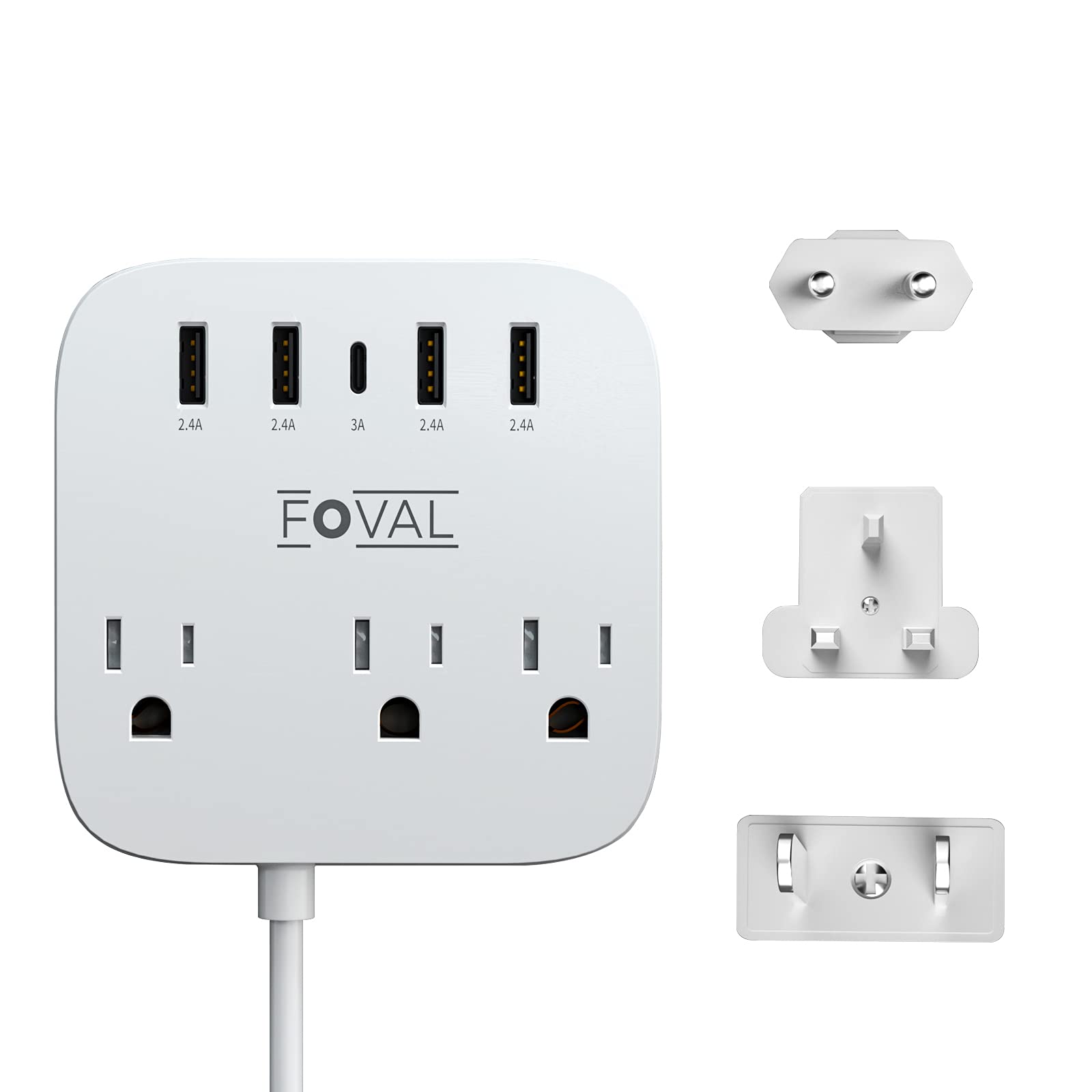 European Travel Plug Adapter, FOVAL EU UK US Power Strip with USB C and 4 USB Ports, 3 AC Outlets, Wall Mountable, 5ft Extension Cord, Compact for Travel, Cruise Ship, Home Office