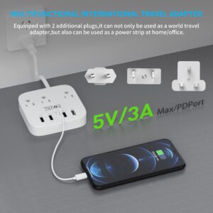 European Travel Plug Adapter, FOVAL EU UK US Power Strip with USB C and 4 USB Ports, 3 AC Outlets, Wall Mountable, 5ft Extension Cord, Compact for Travel, Cruise Ship, Home Office