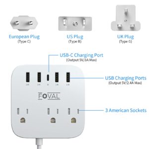 European Travel Plug Adapter, FOVAL EU UK US Power Strip with USB C and 4 USB Ports, 3 AC Outlets, Wall Mountable, 5ft Extension Cord, Compact for Travel, Cruise Ship, Home Office