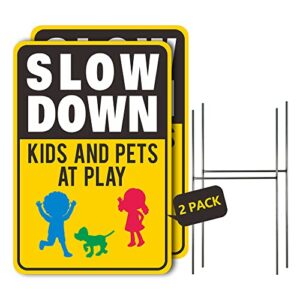 slow down signs 2 pack 17.8"x12" slow down kids at play sign, double sided slow down kids and pets at play yard signs with metal stakes, weatherproof, 900g/m² superhard corrugated plastic