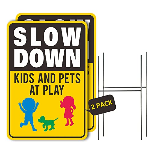 Slow Down Signs 2 Pack 17.8"x12" Slow Down Kids At Play Sign, Double Sided Slow Down Kids and Pets at Play Yard Signs With Metal Stakes, Weatherproof, 900g/m² Superhard Corrugated Plastic