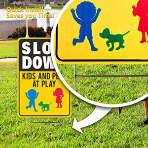 Slow Down Signs 2 Pack 17.8"x12" Slow Down Kids At Play Sign, Double Sided Slow Down Kids and Pets at Play Yard Signs With Metal Stakes, Weatherproof, 900g/m² Superhard Corrugated Plastic