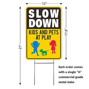 Slow Down Signs 2 Pack 17.8"x12" Slow Down Kids At Play Sign, Double Sided Slow Down Kids and Pets at Play Yard Signs With Metal Stakes, Weatherproof, 900g/m² Superhard Corrugated Plastic